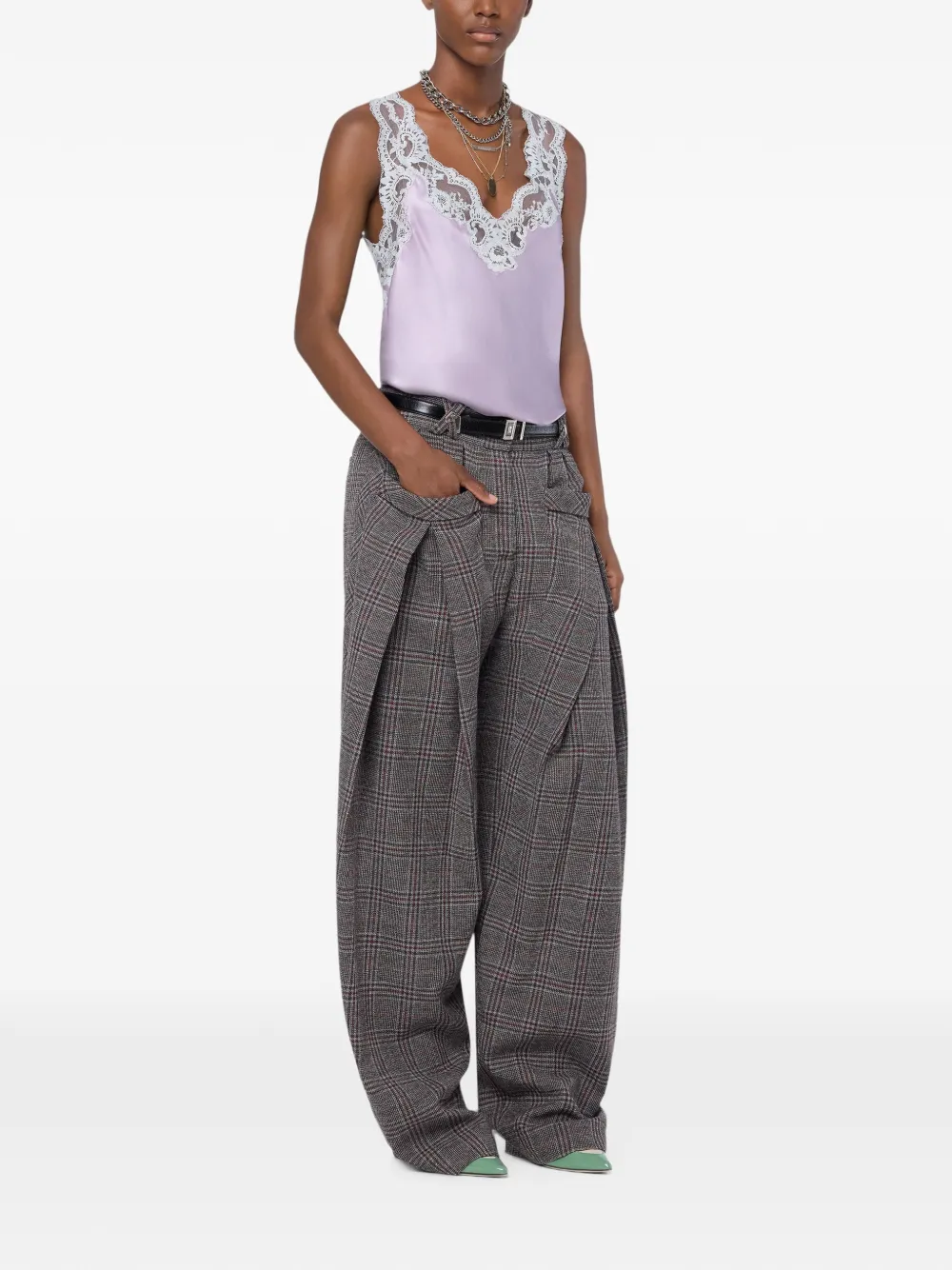 Rabanne Pantalon van tartan-wol met wijde pijpen Grijs