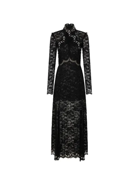 Rabanne long dress in black layered lace with silver eyelets details