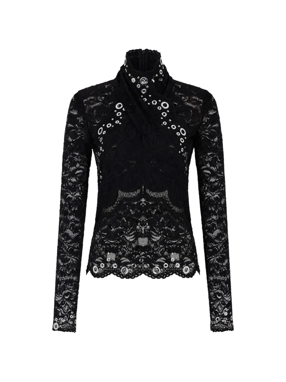 Rabanne Top a maniche lunghe in pizzo nero a strati con occhielli color argento