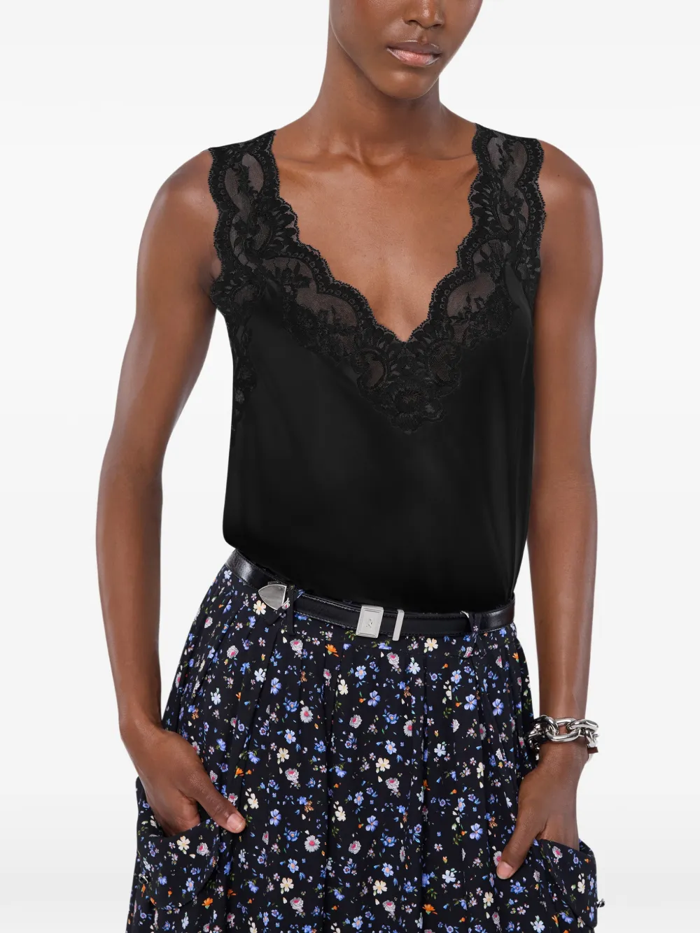 Rabanne Zijden tanktop met kanten details Zwart