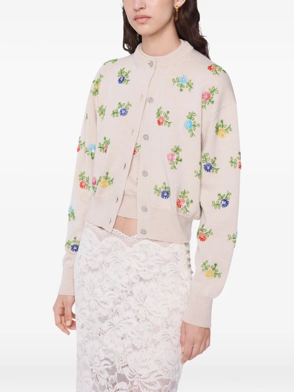 Rabanne Vest van wol met veelkleurige geborduurde bloemen Beige