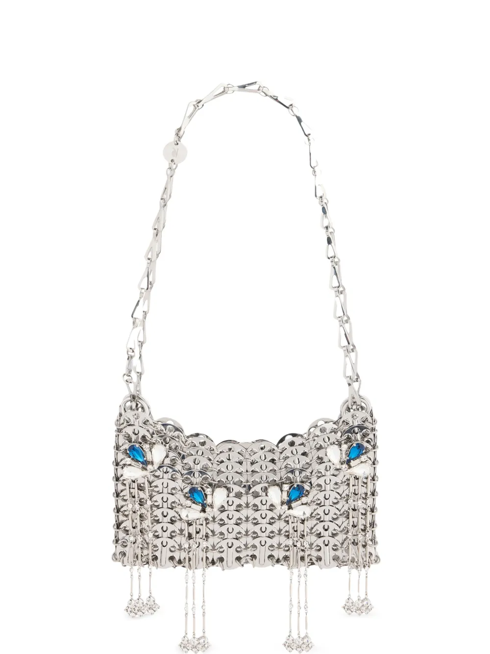 Rabanne 1969 Nano silver bag with blue and silver signature jewels