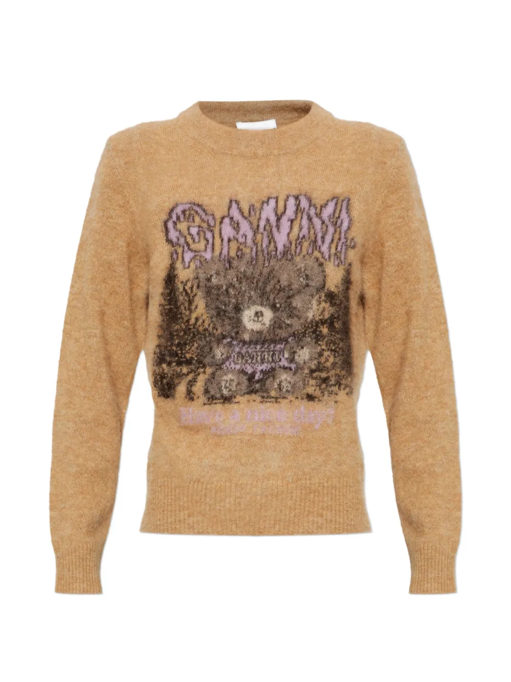 Ganni Graphic-print Intarsia-knit Sweater In Neutrals