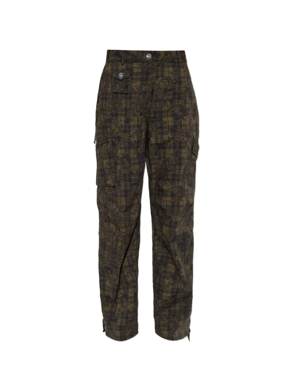 Ganni Floral-print Check Cargo Pants In Green