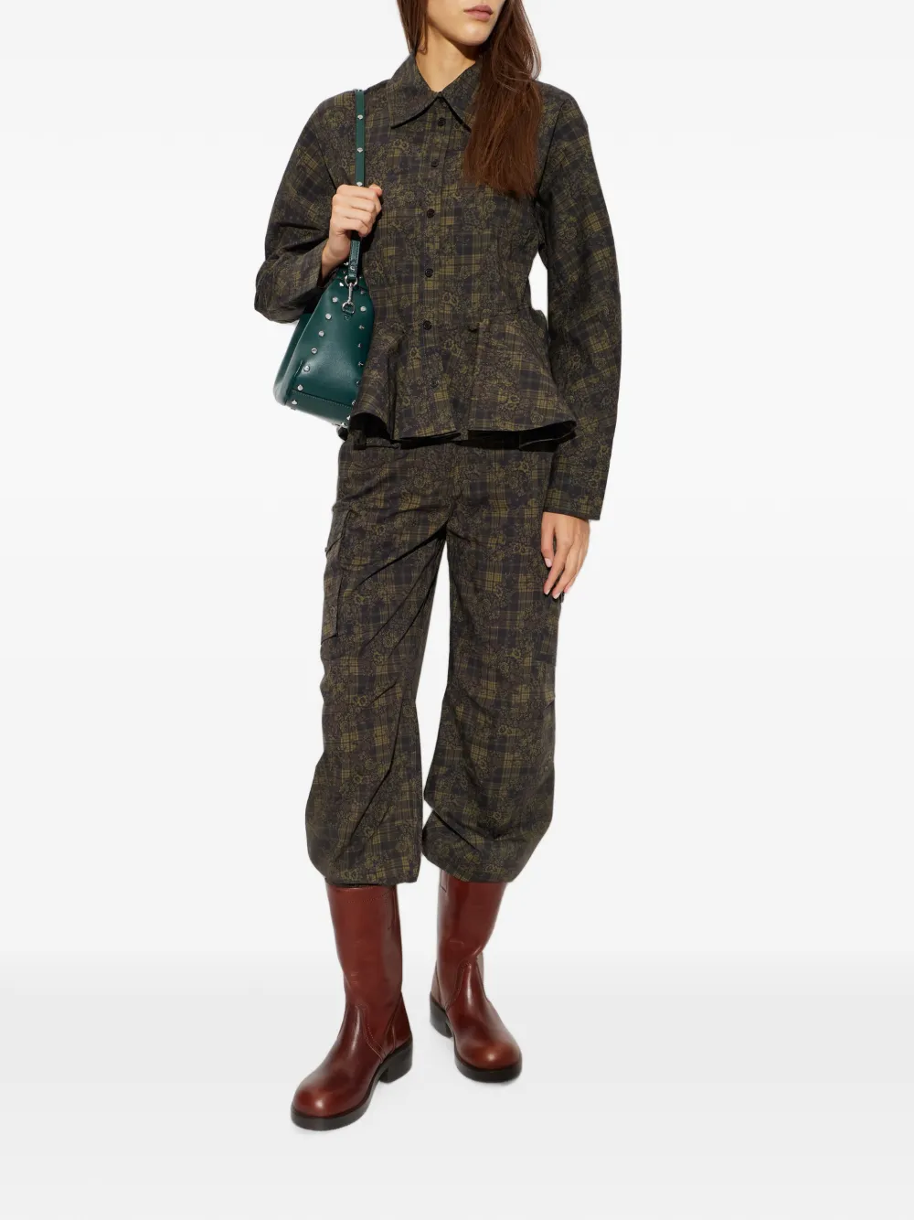 GANNI floral-print check cargo pants Groen