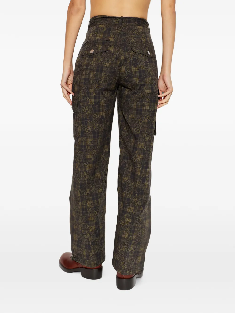 GANNI floral-print check cargo pants Groen