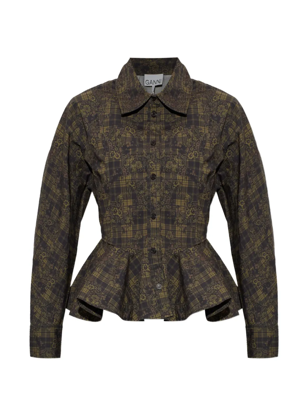 Ganni Floral-motif Peplum Top In Green