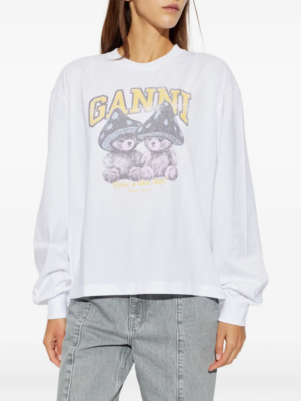 GANNI T-shirt met Mushroom Teddy en lange mouwen Wit
