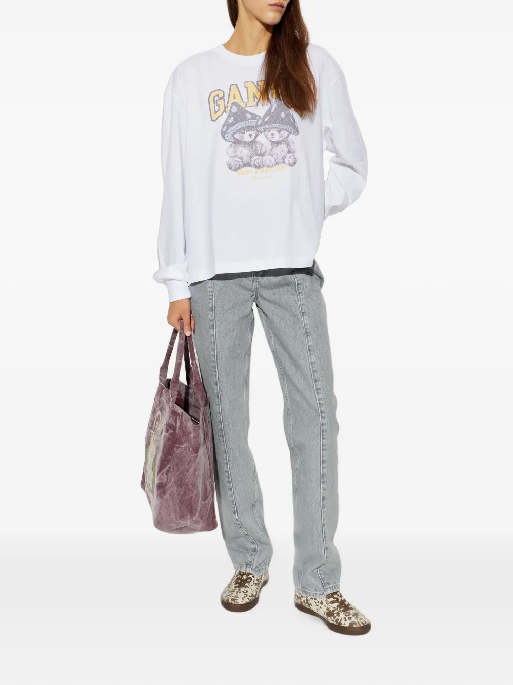 GANNI T-shirt met Mushroom Teddy en lange mouwen Wit