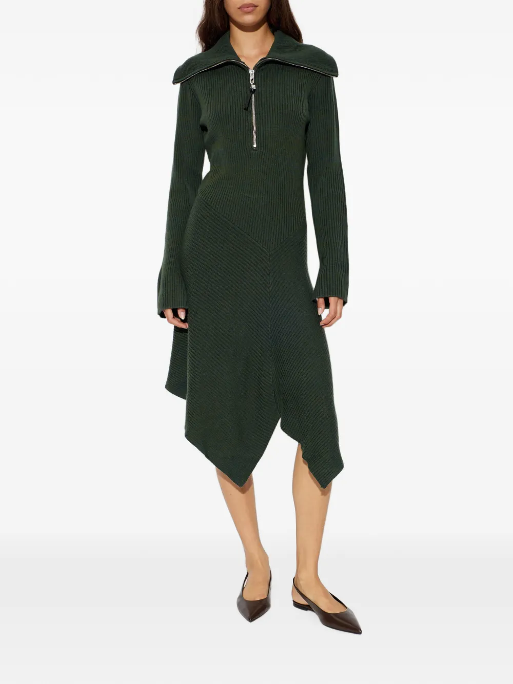 GANNI ribbed-knit handkerchief-hem dress Groen
