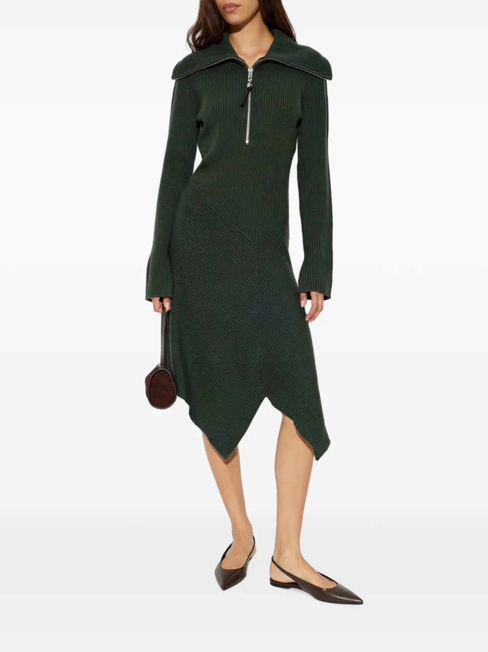 GANNI ribbed-knit handkerchief-hem dress Groen