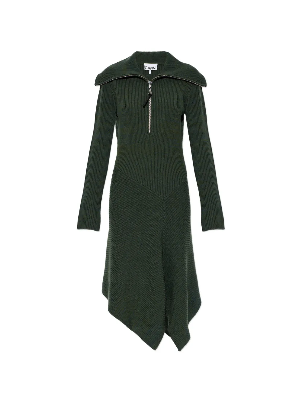Ganni Ribbed-knit Handkerchief-hem Dress In Green