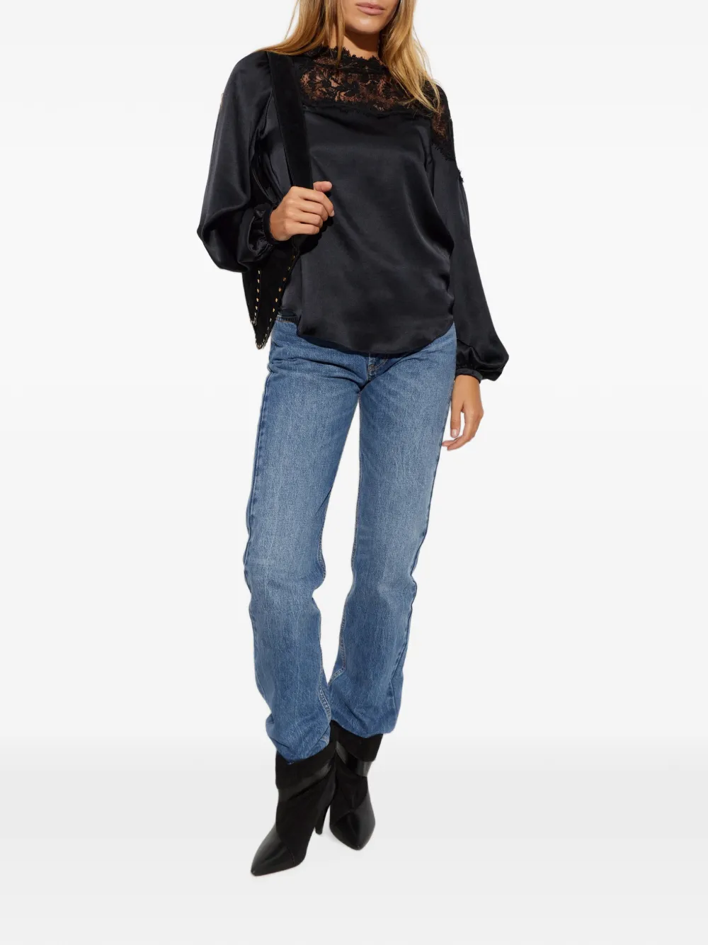 ISABEL MARANT Satijnen blouse met kanten vlakken Zwart