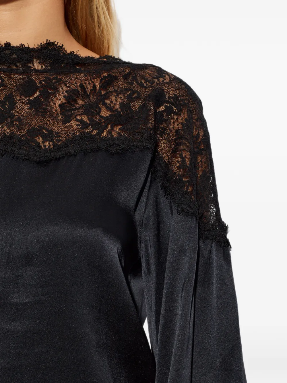ISABEL MARANT Satijnen blouse met kanten vlakken Zwart