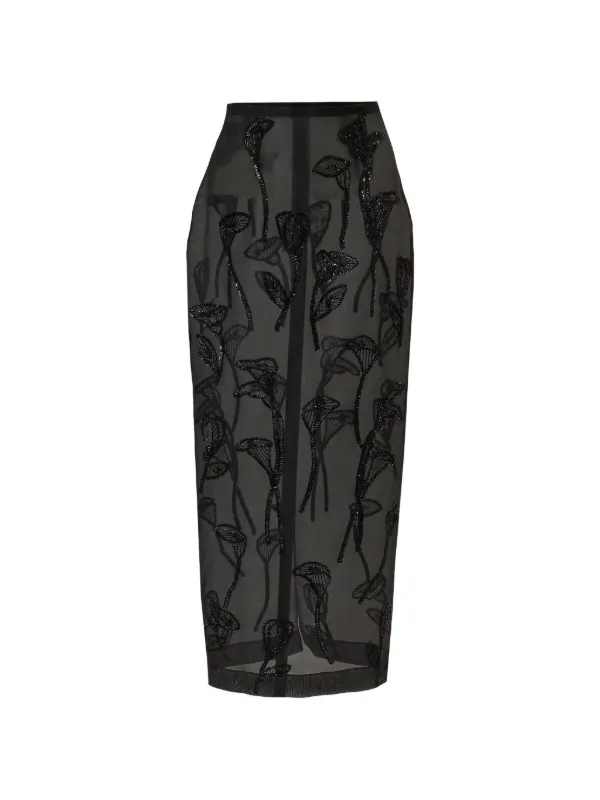 Carolina Herrera Floral-embroidered Organza Midi Skirt in Black