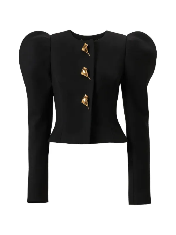 Carolina Herrera Puff-sleeve Calla Lily-button Jacket in Black