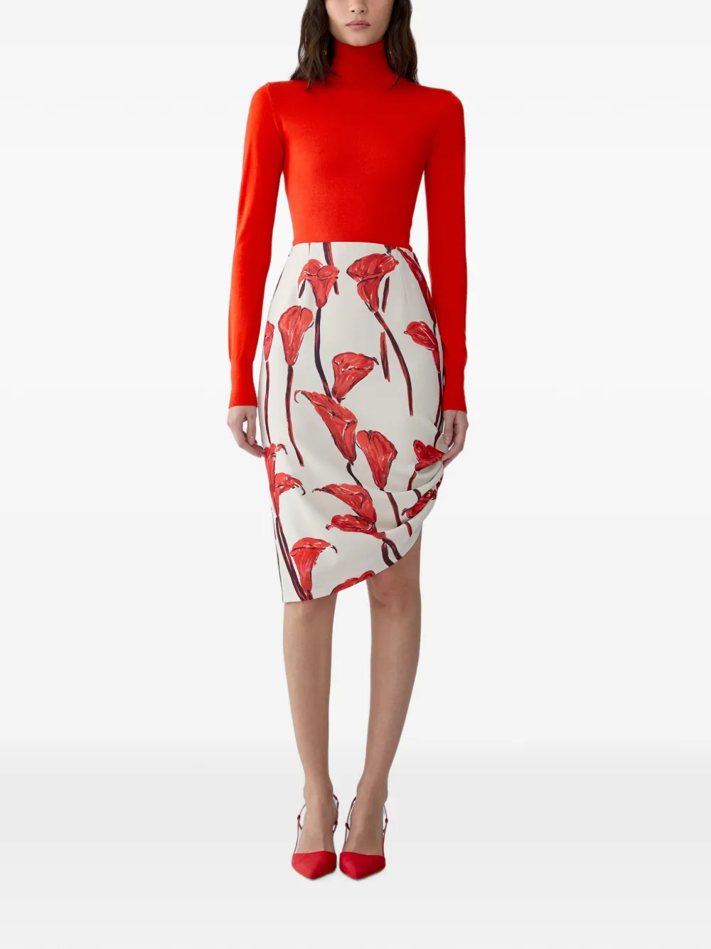 Carolina Herrera Calla Lily-print Asymmetric Midi Skirt in White, view 2