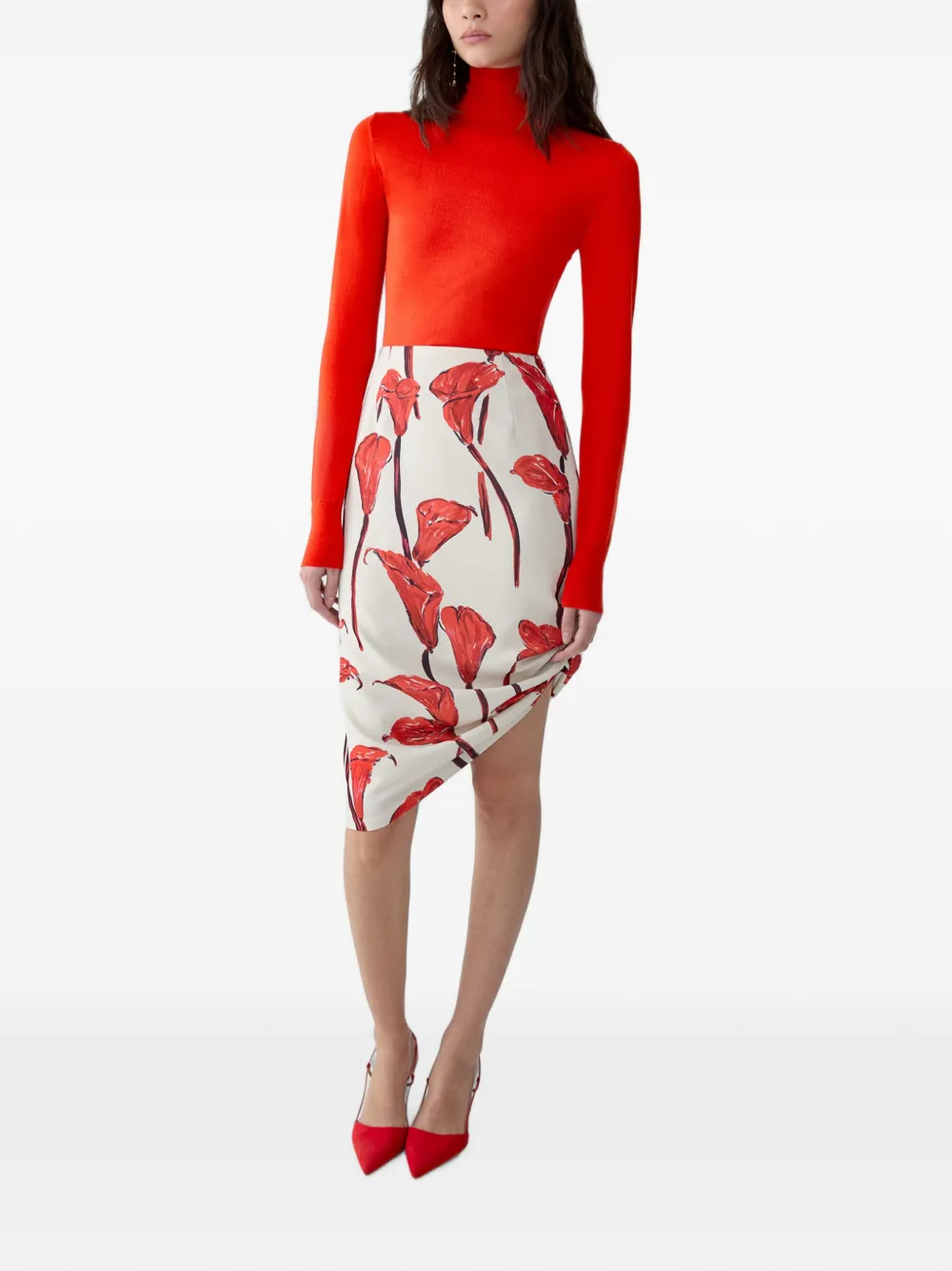 Carolina Herrera Calla Lily-print Asymmetric Midi Skirt in White, view 3