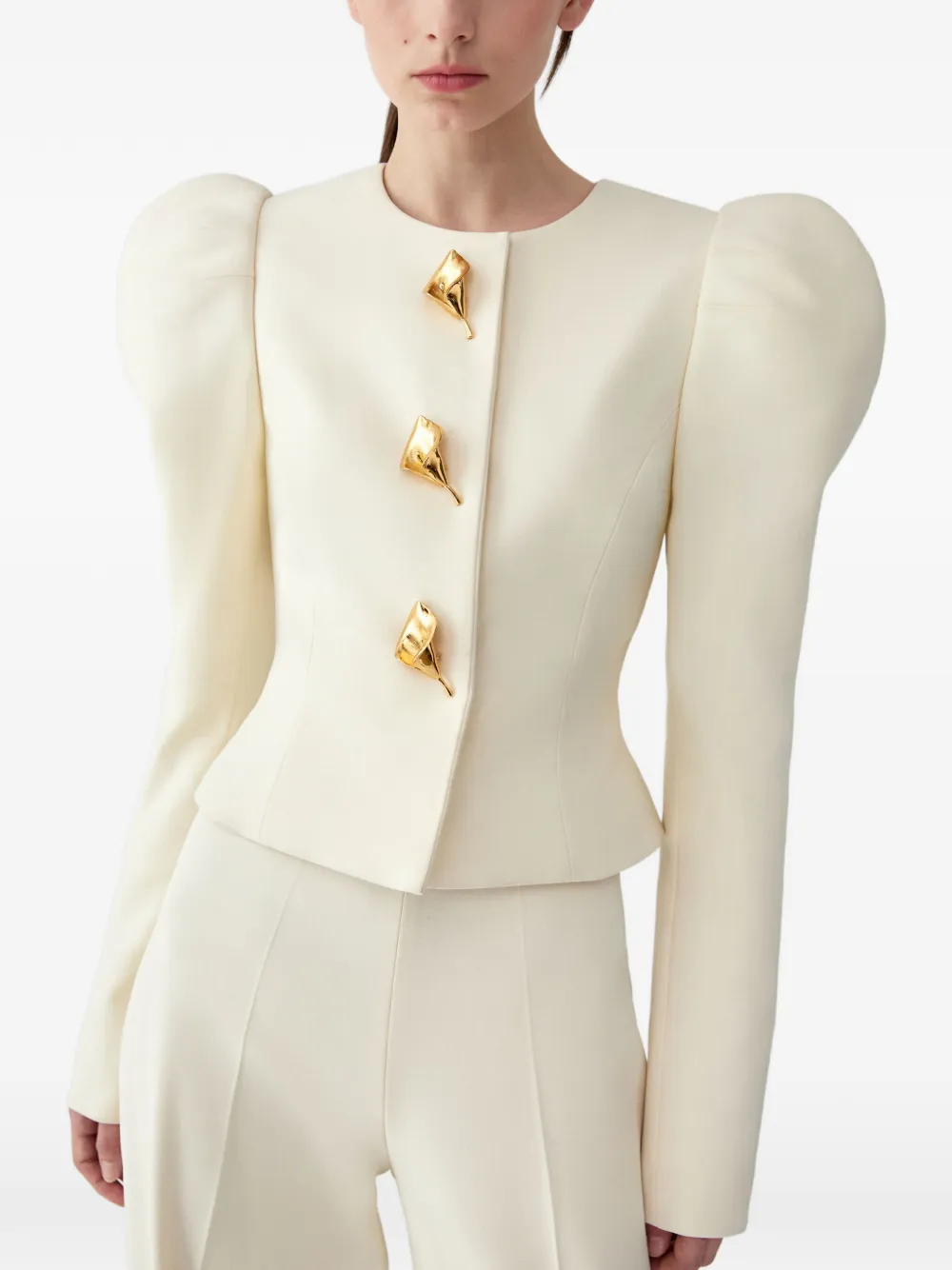Carolina Herrera Puff-sleeve Calla Lily-button Jacket in Neutrals, view 4