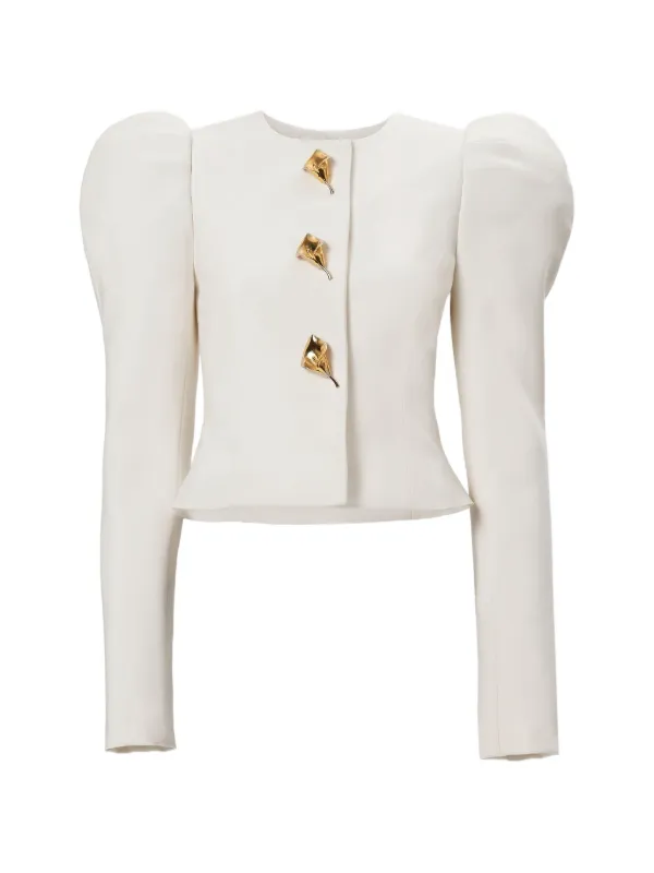 Carolina Herrera Puff-sleeve Calla Lily-button Jacket in Neutrals