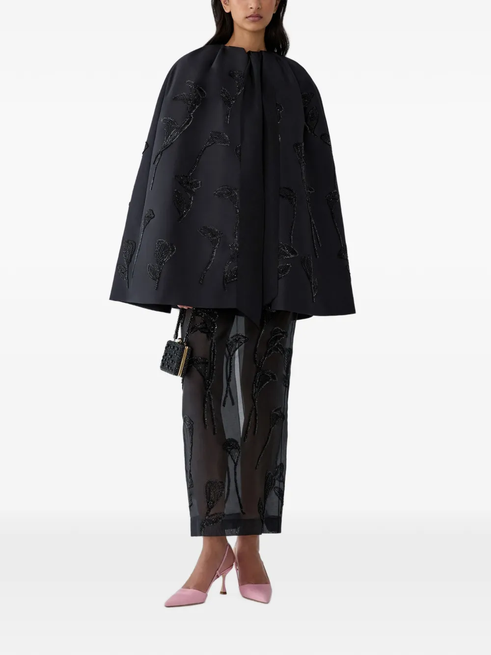 Carolina Herrera Cape met geborduurde bloemen Zwart
