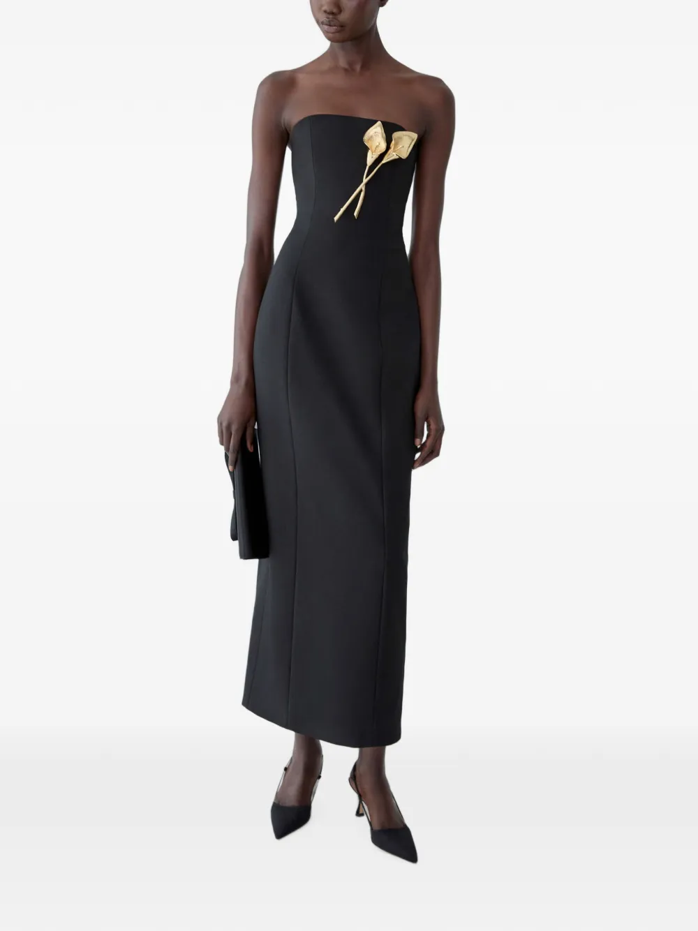 Carolina Herrera Calla Lily strapless midi-jurk met broche Zwart