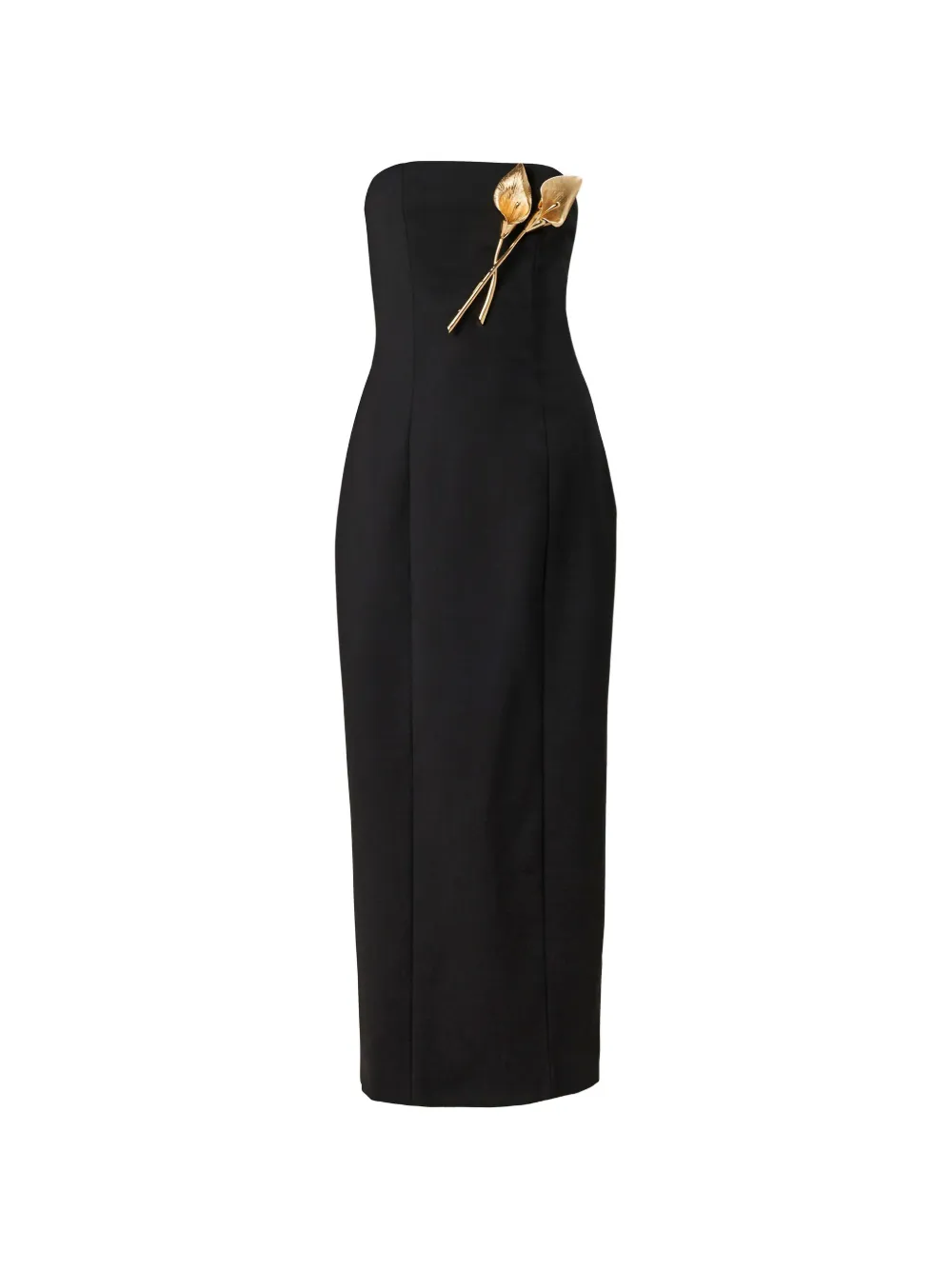 Carolina Herrera Calla Lily Brooch Strapless Midi Dress In 블랙