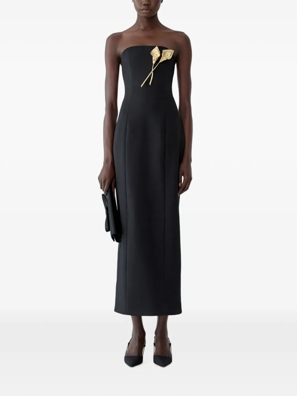 Carolina Herrera Calla Lily strapless midi-jurk met broche Zwart