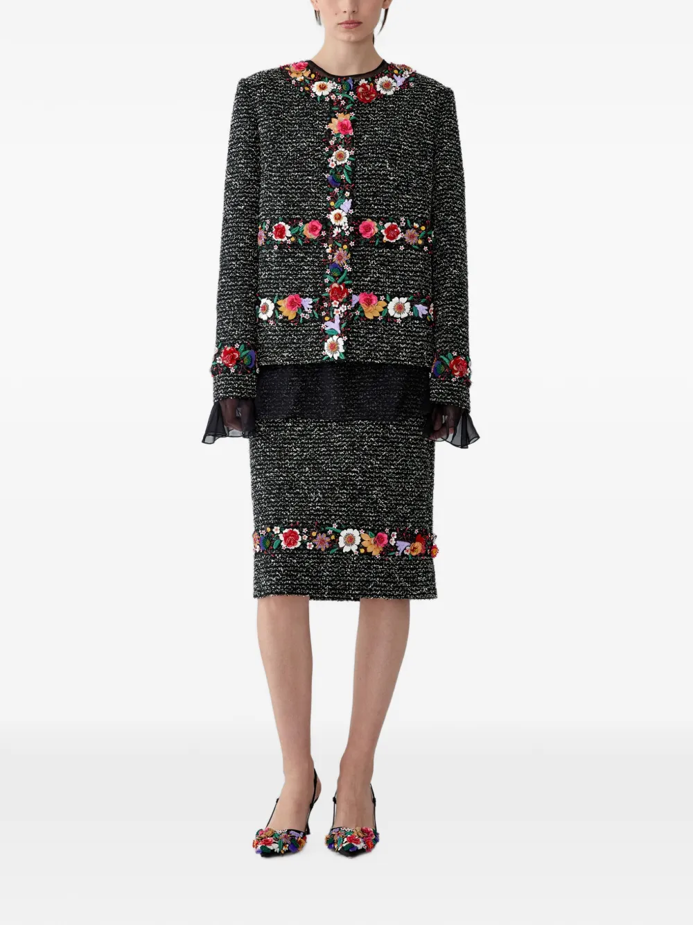 Carolina Herrera Tweed midi-rok met geborduurde bloemen Zwart
