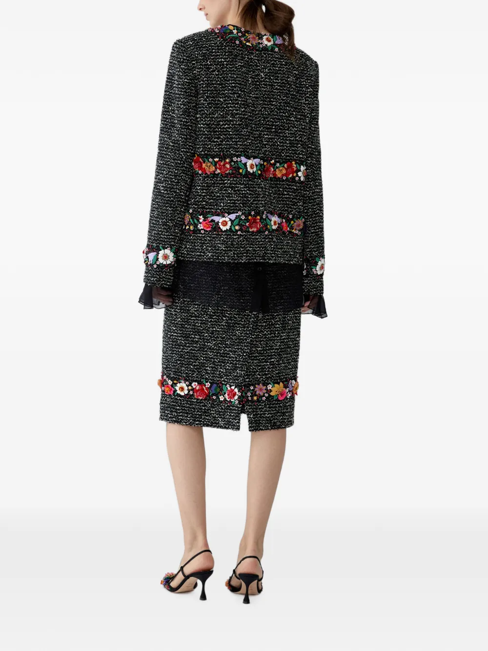 Carolina Herrera Tweed midi-rok met geborduurde bloemen Zwart
