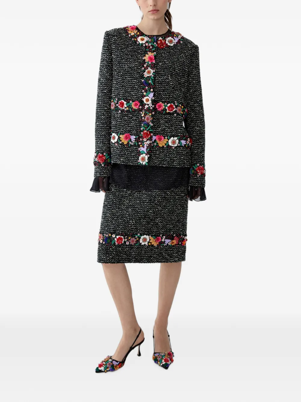 Carolina Herrera Tweed midi-rok met geborduurde bloemen Zwart
