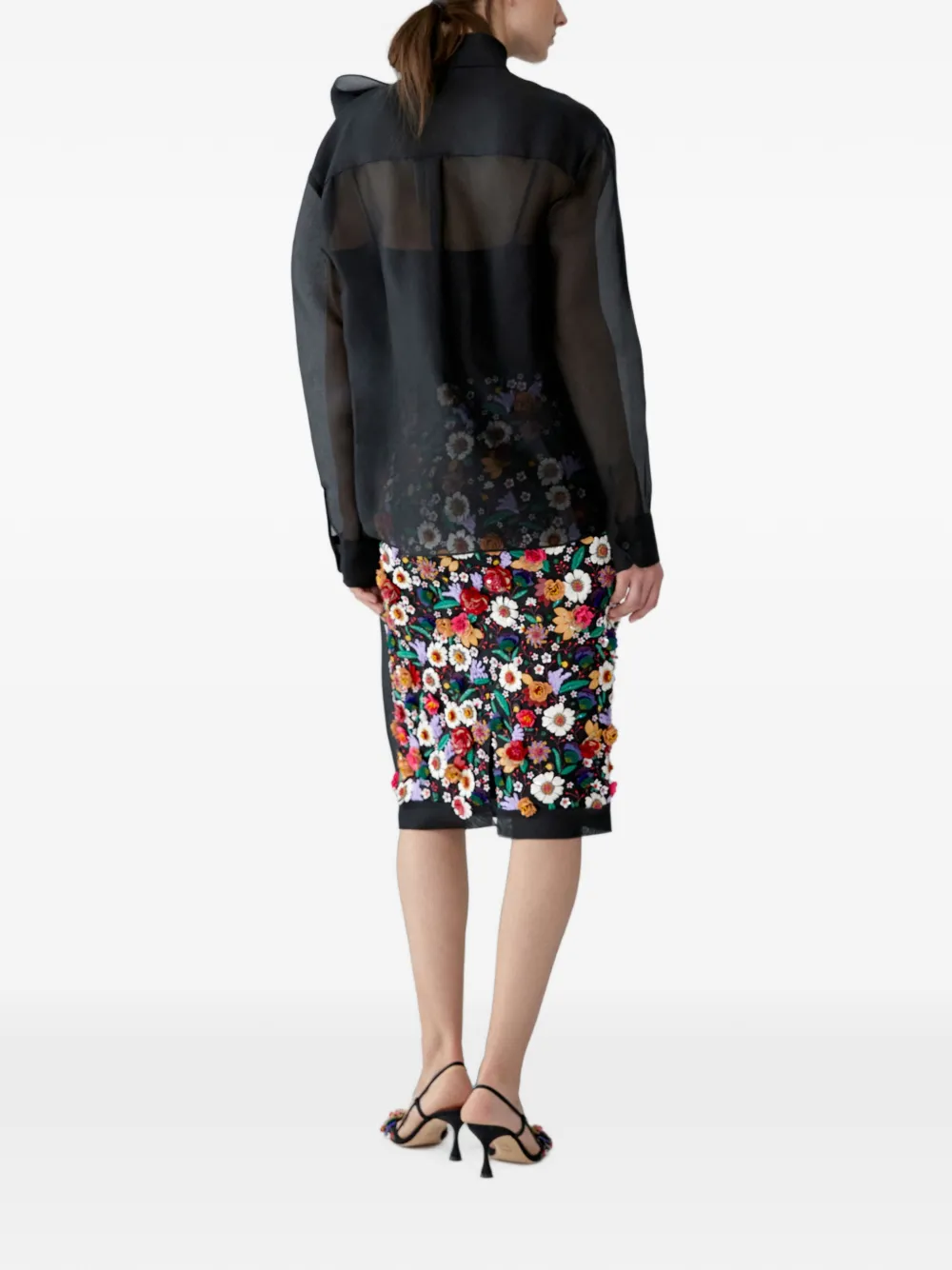 Carolina Herrera Organza midi-rok met geborduurde bloemen Zwart