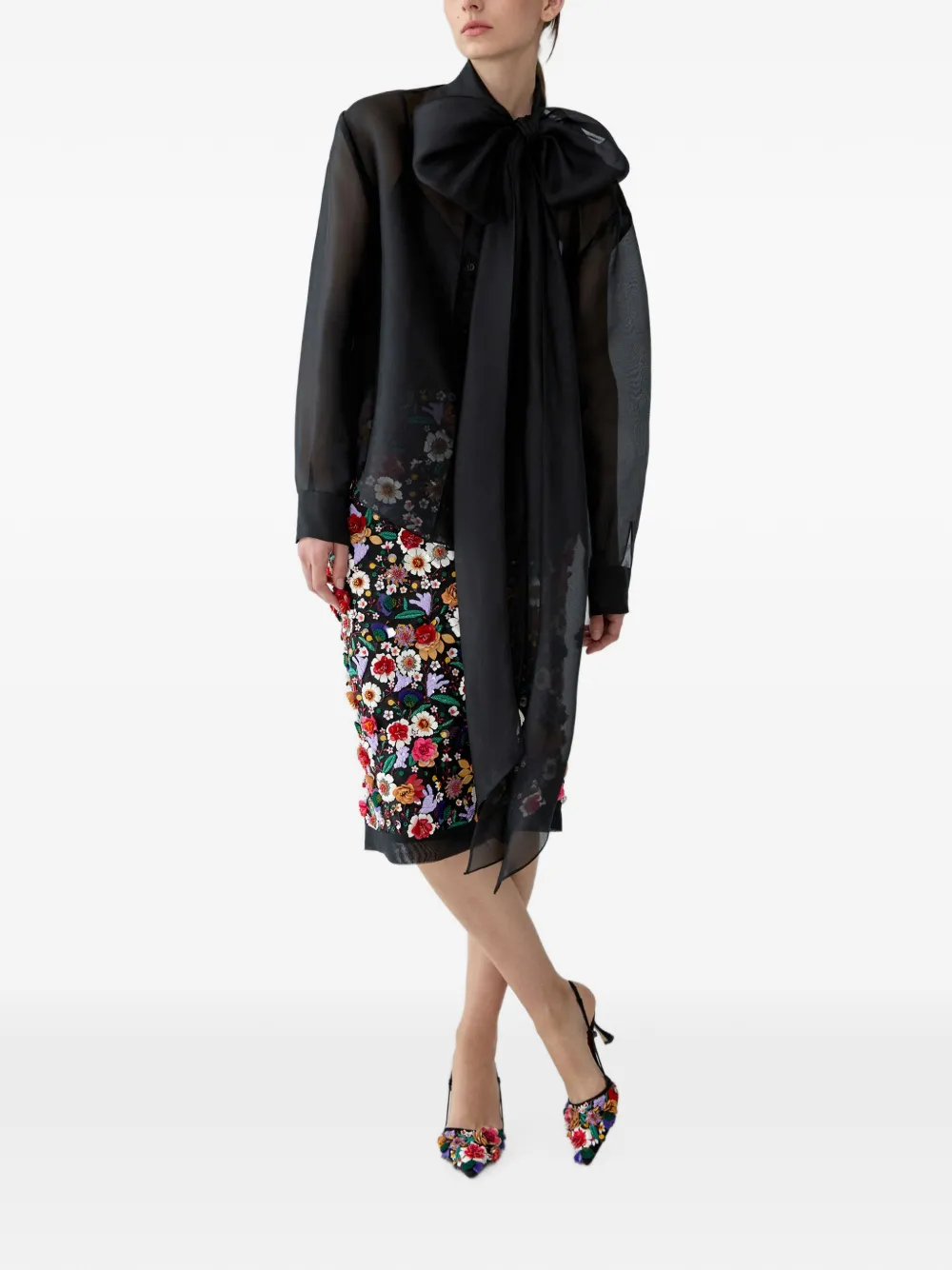 Carolina Herrera Organza midi-rok met geborduurde bloemen Zwart