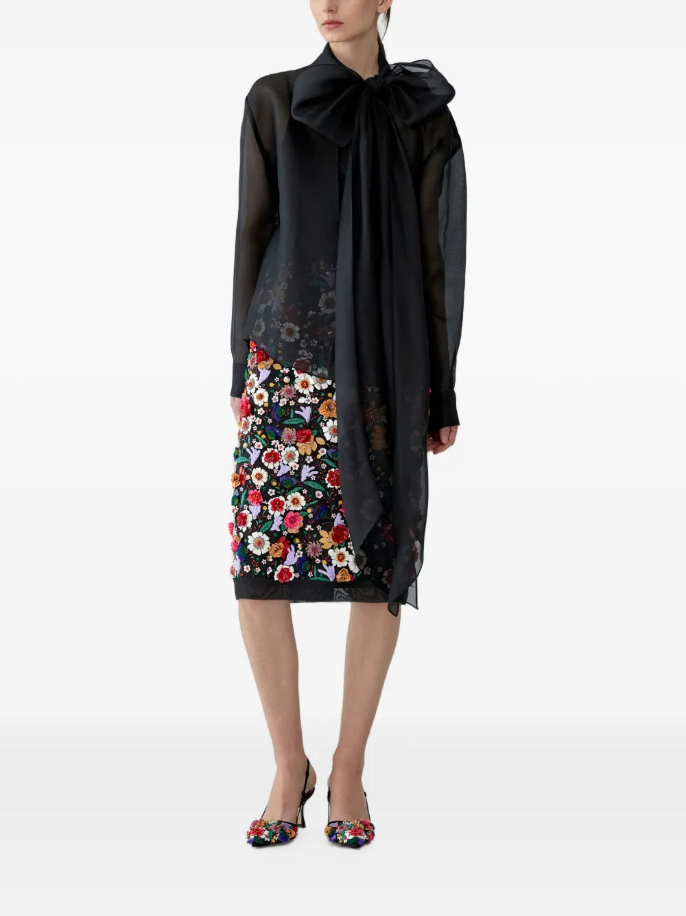 Carolina Herrera Organza midi-rok met geborduurde bloemen Zwart