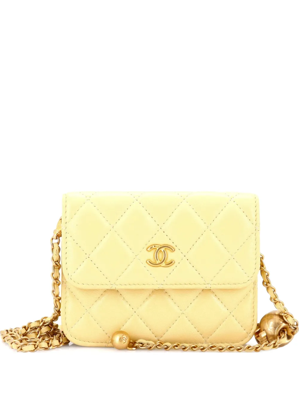 CHANEL Pre-Owned mini pochette à rabat avec chaîne Pearl Crush en cuir d'agneau matelassé - Jaune