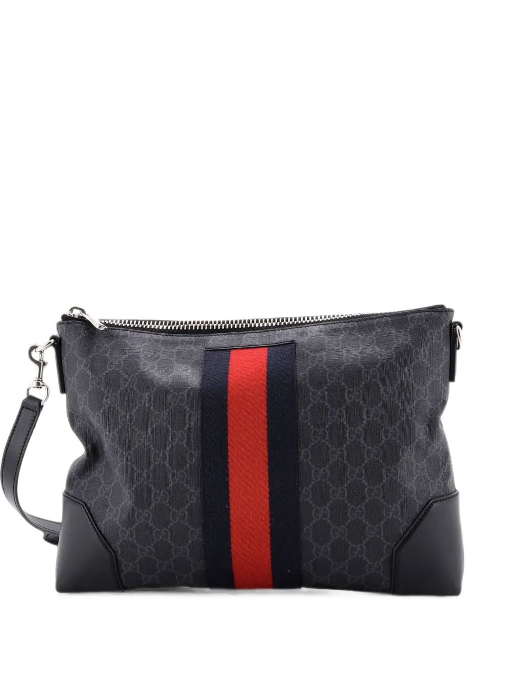 Gucci Pre-Owned Borsa a tracolla media in tela cerata GG con zip e decorazione Web - Nero