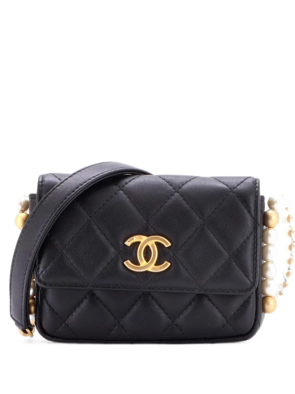 CHANEL Pre-Owned About Pearls Flap Card Holder with Chain Quilted Calfskin crossbody bag - Nero