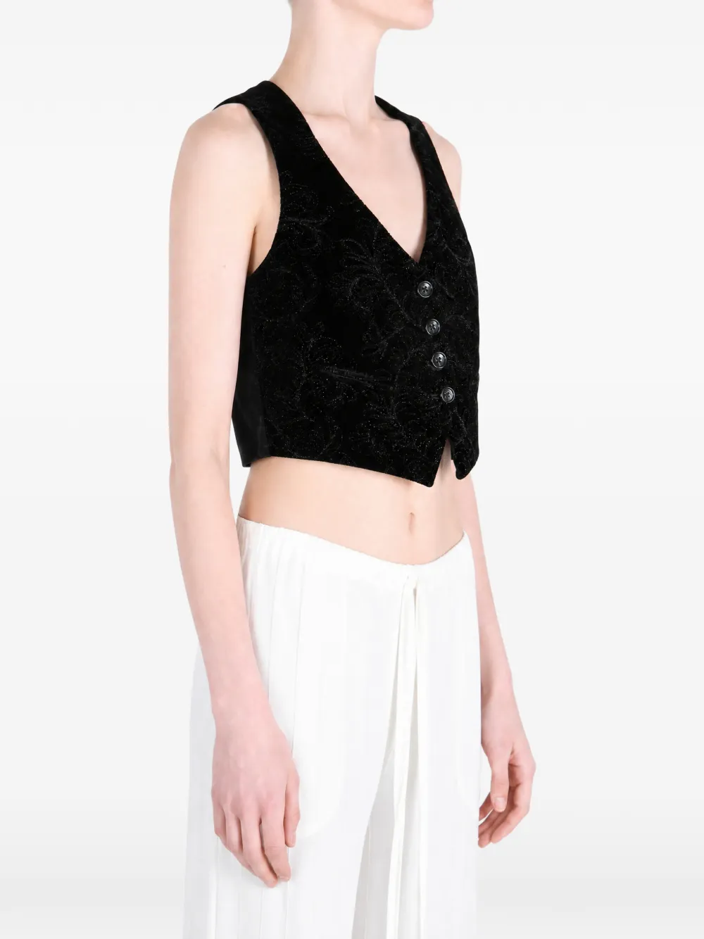Ann Demeulemeester Diana Floral-jacquard Cropped Waistcoat in Black, view 2