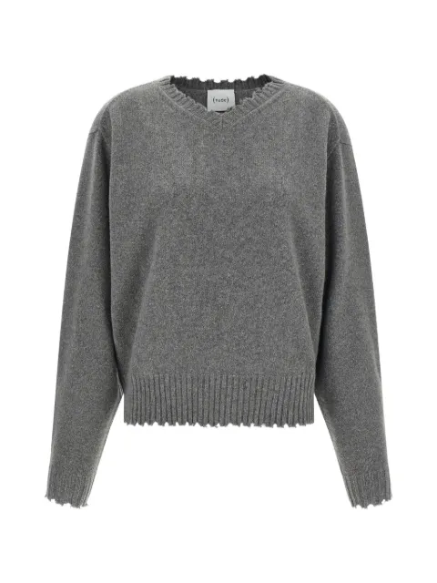 Nude frayed V-neck sweater