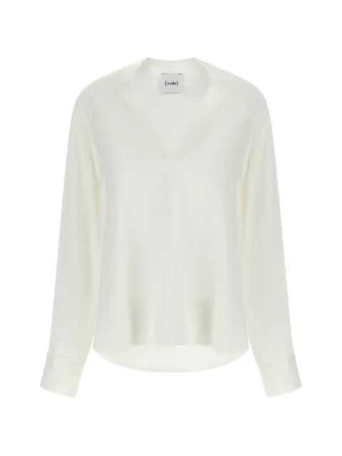 Nude asymmetrical-hem V-neck blouse