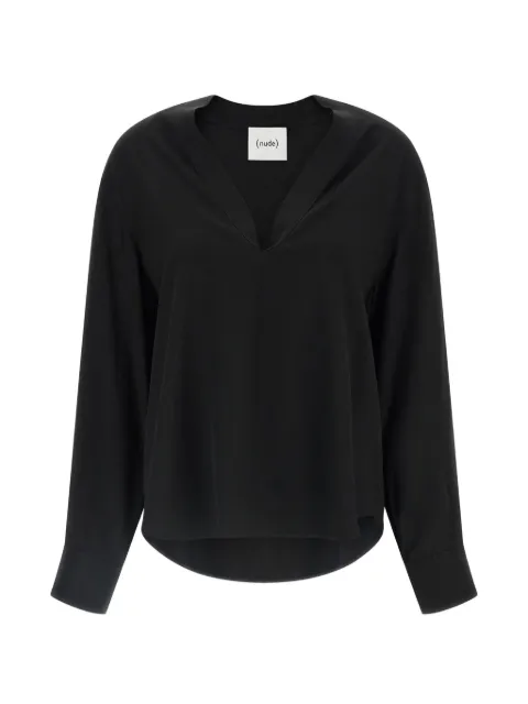Nude V-neck long-sleeve blouse
