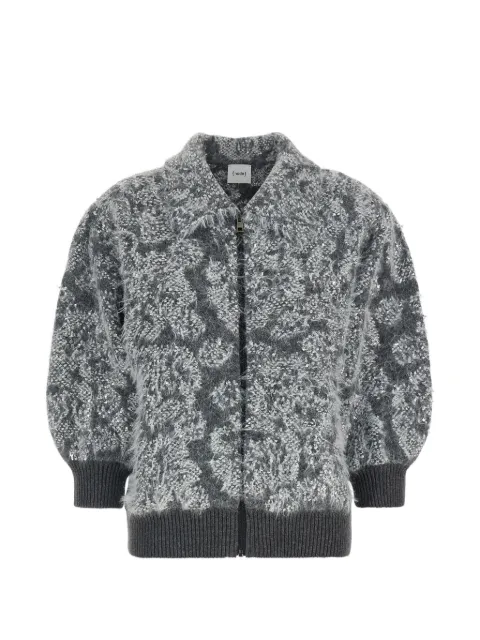 Nude jacquard-knit zip-up cardigan