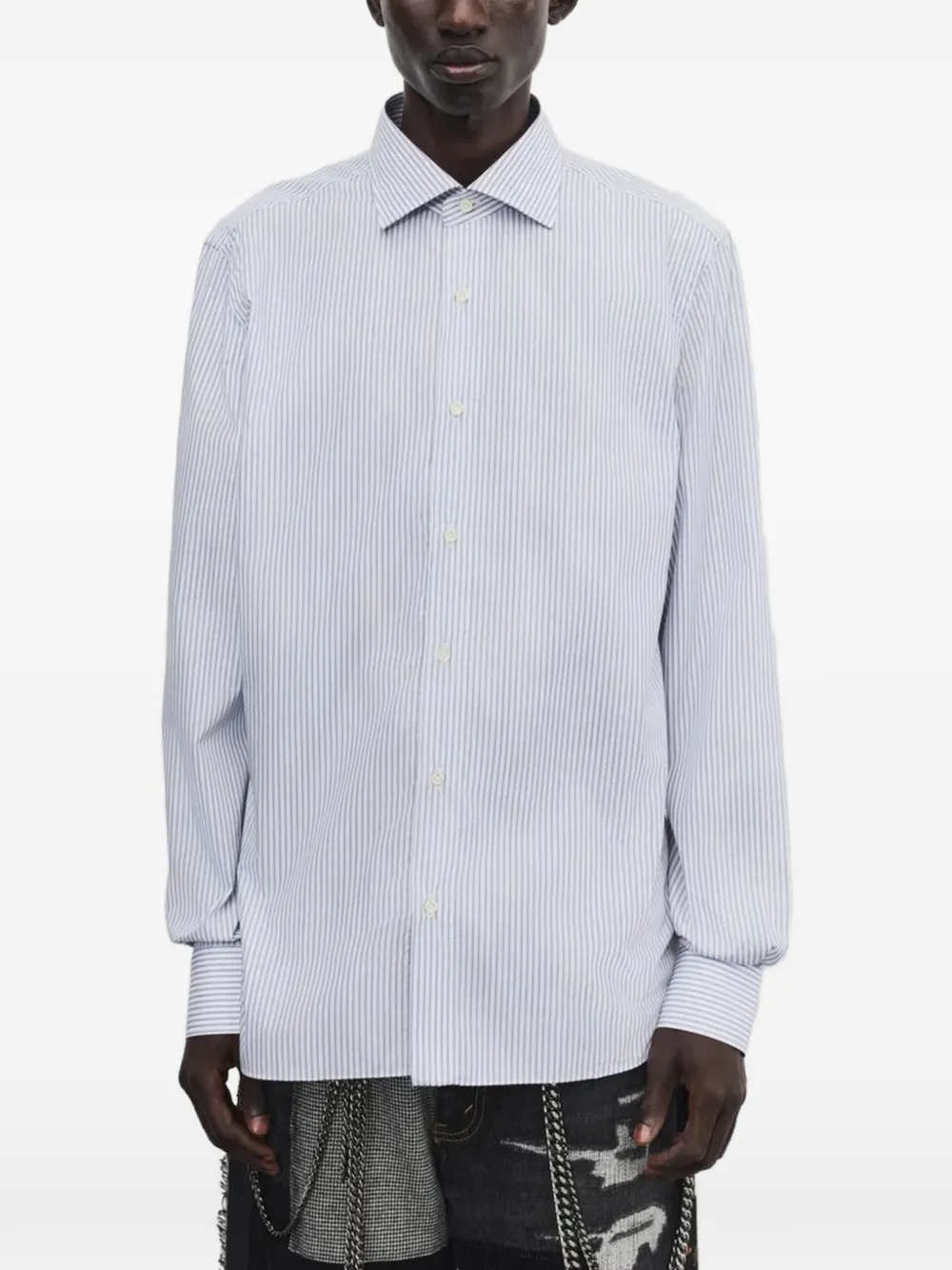 Junya Watanabe MAN Gestreept overhemd met lange mouwen Blauw