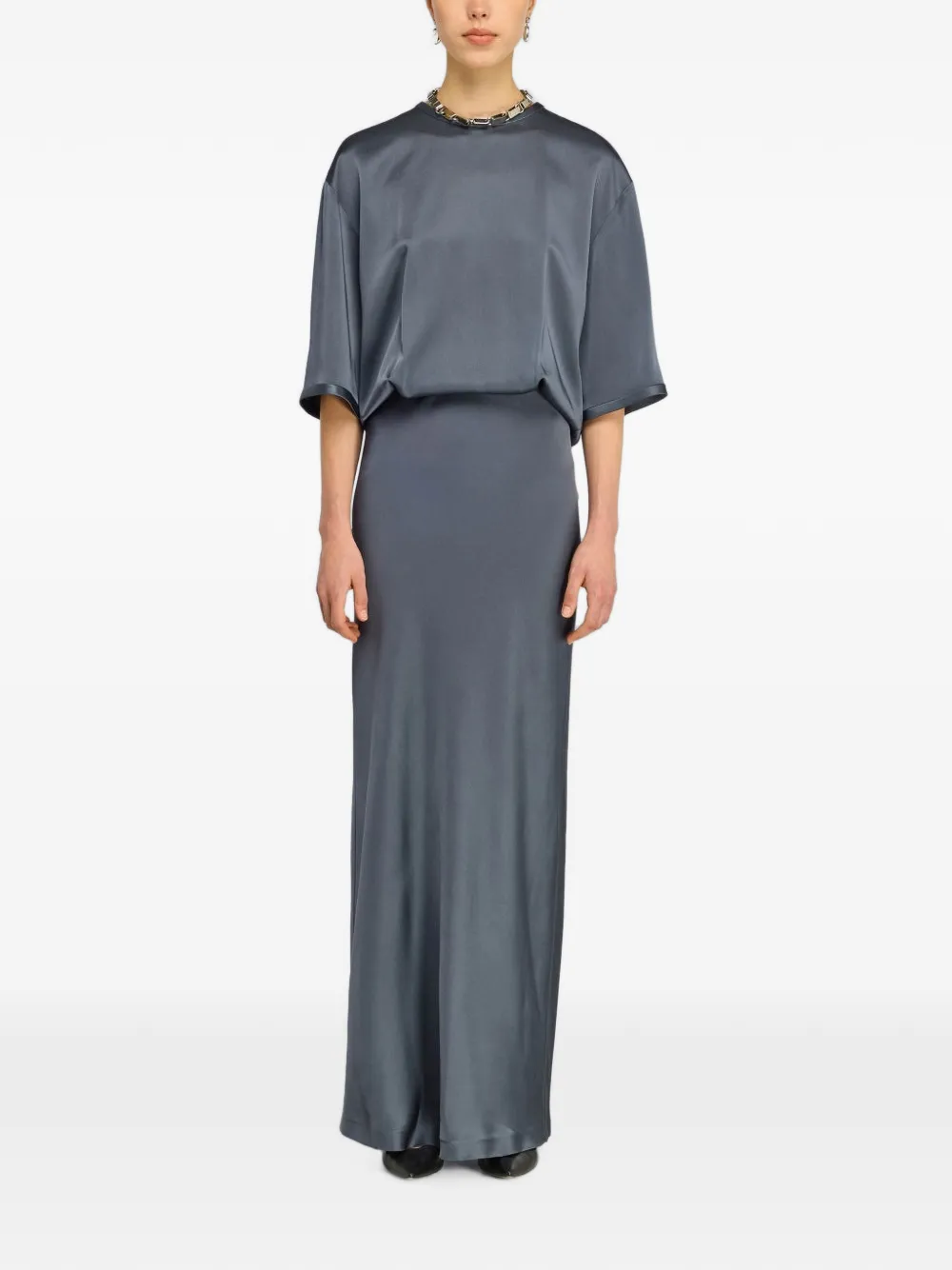 Semicouture Maxi-jurk met korte mouwen en satijnen afwerking Blauw