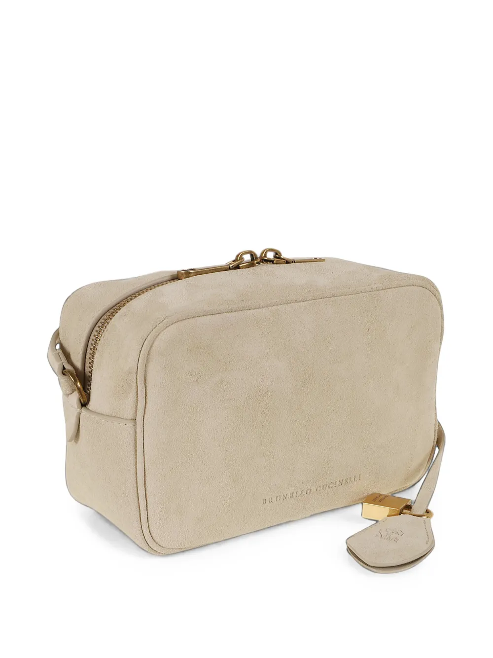 Brunello Cucinelli Suède schoudertas met logo-reliëf Beige