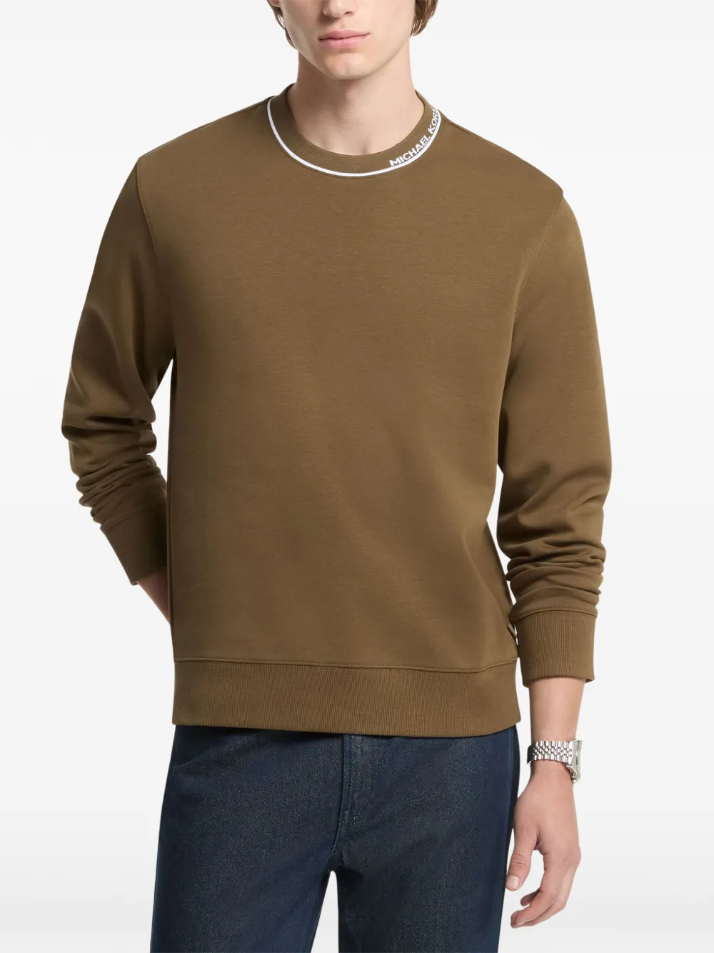 Michael Kors Logo-trim Crew-neck Sweater In 브라운