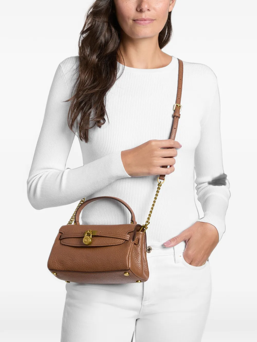 Michael Kors Extra kleine Hamilton Moderne leren crossbodytas met textuur Bruin