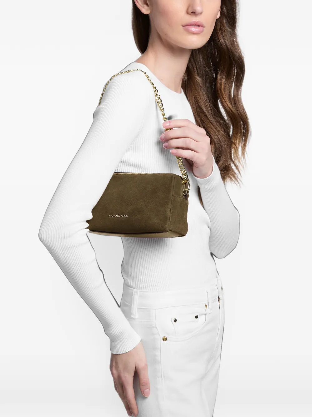Michael Kors Bryant small suede convertible crossbody bag Groen