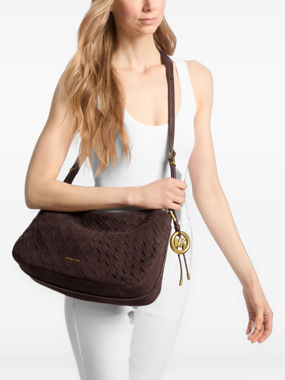 Michael Kors Nolita gevlochten suède schoudertas Bruin