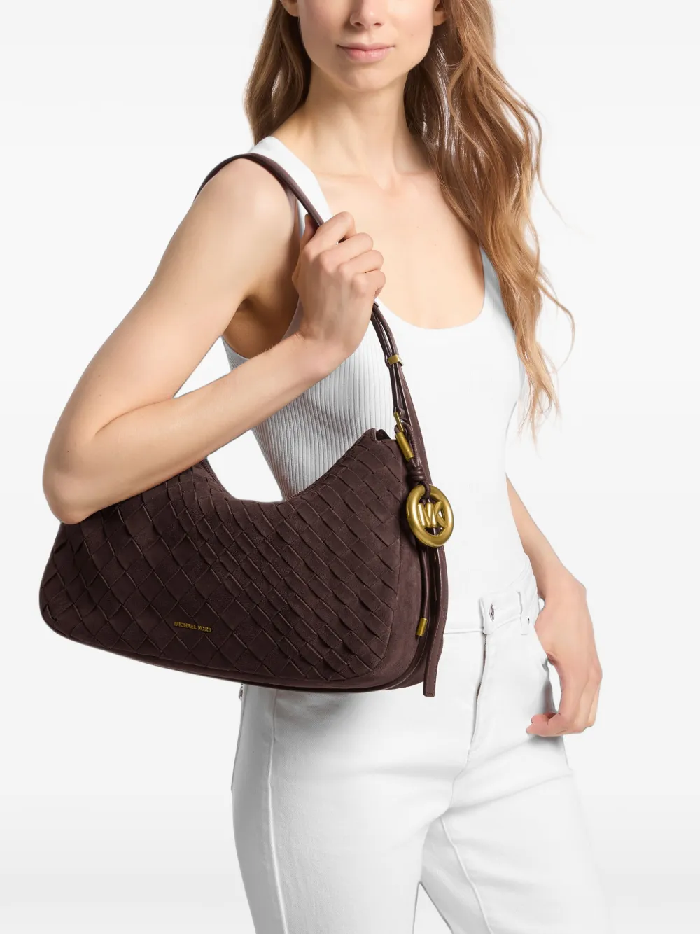Michael Kors Nolita gevlochten suède schoudertas Bruin